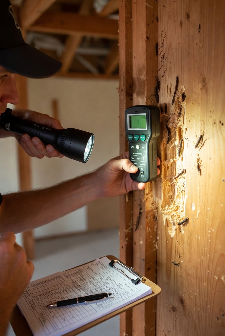 Termite inspector examining house foundation perimeter