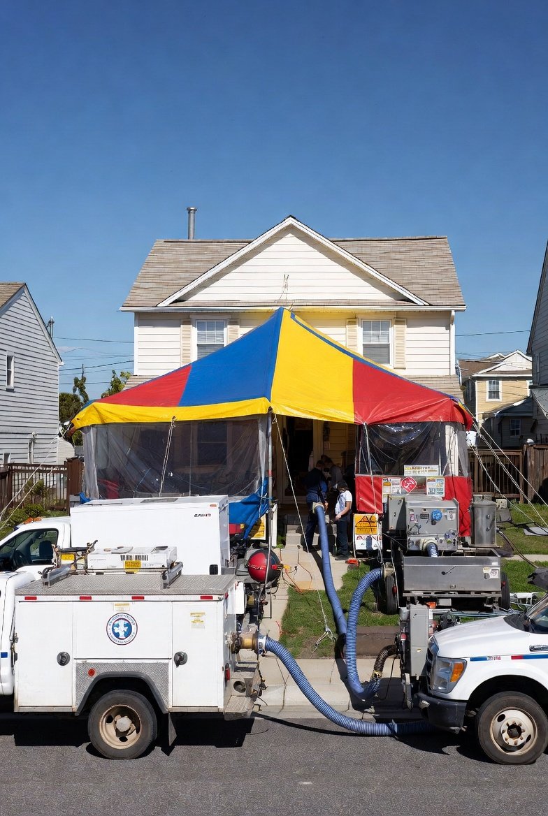 house covered with termite fumigation tent